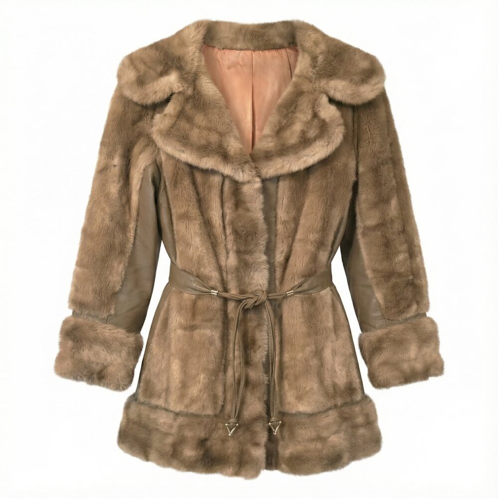 Vintage Career Originals Tissavel Faux Fur/ Leather Belted Tan Coat